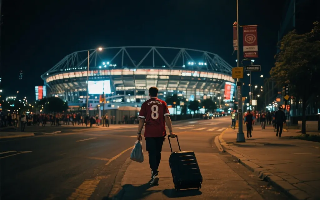 球迷在城市街区拖着行李箱，远处是体育场与夜景，体现赛后错峰旅行与返程规划